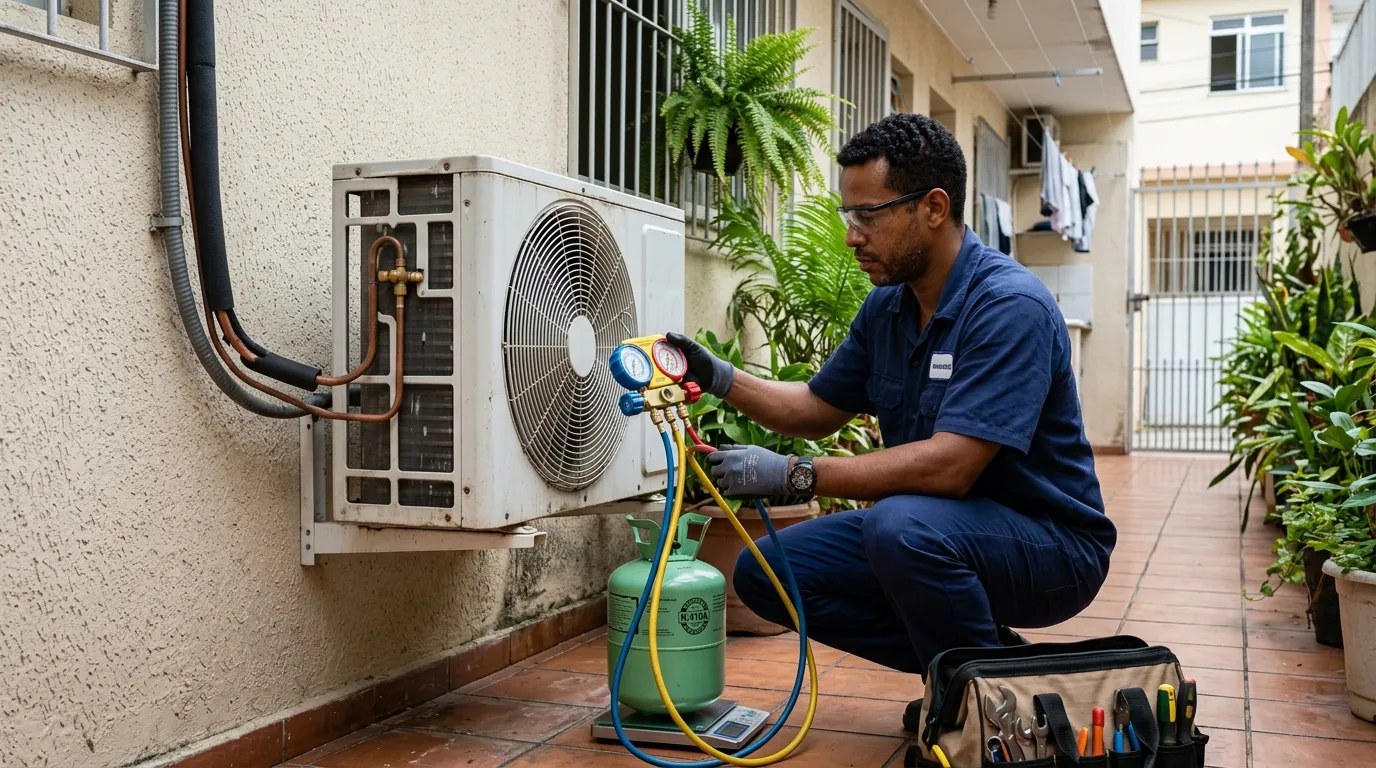 Técnico realizando carga de gás refrigerante em ar condicionado em Fortaleza em Fortaleza-CE