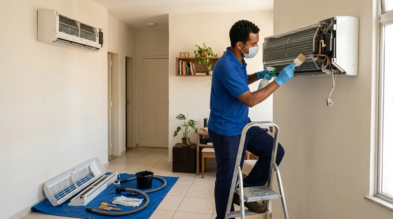 Técnico realizando manutenção preventiva em ar condicionado em Fortaleza em Fortaleza-CE